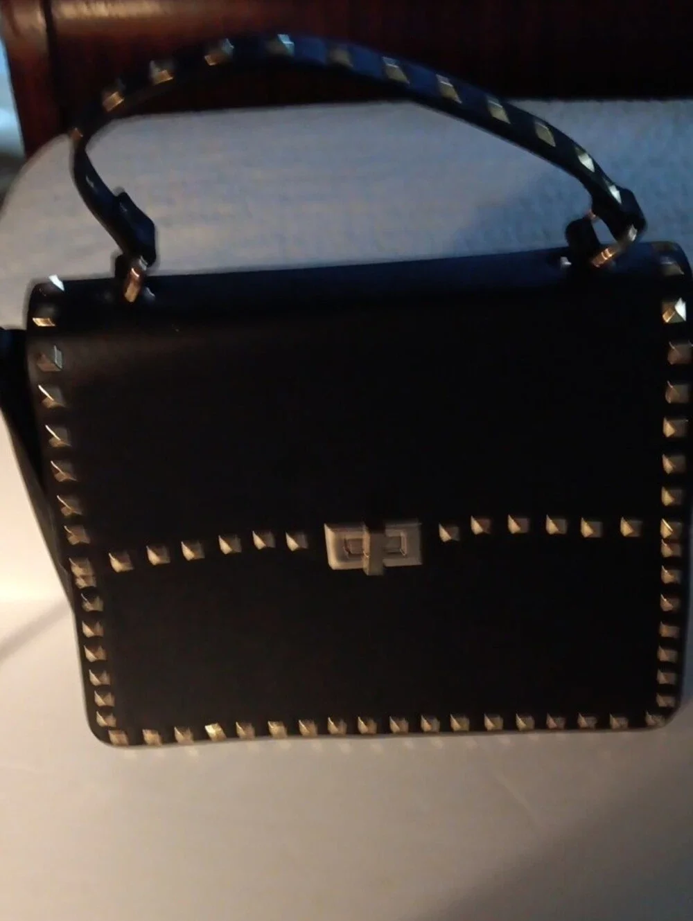 Inzi Designer Like Black Gold Stud Satchel with Top Handle and Removable Strap